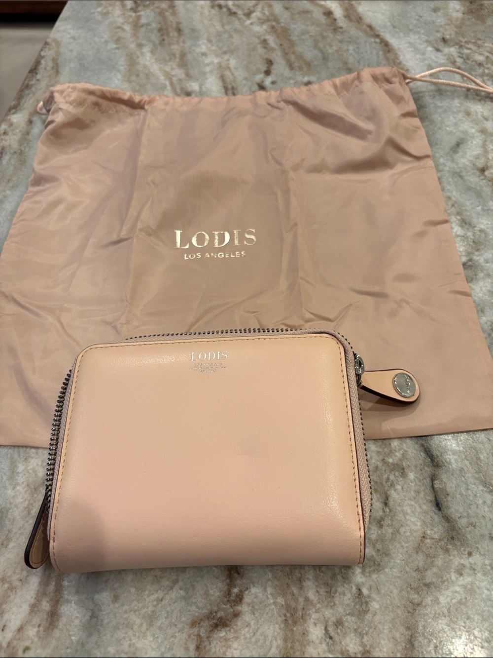 LODIS Soft Blush Leather Zip Wallet with Silver Logo